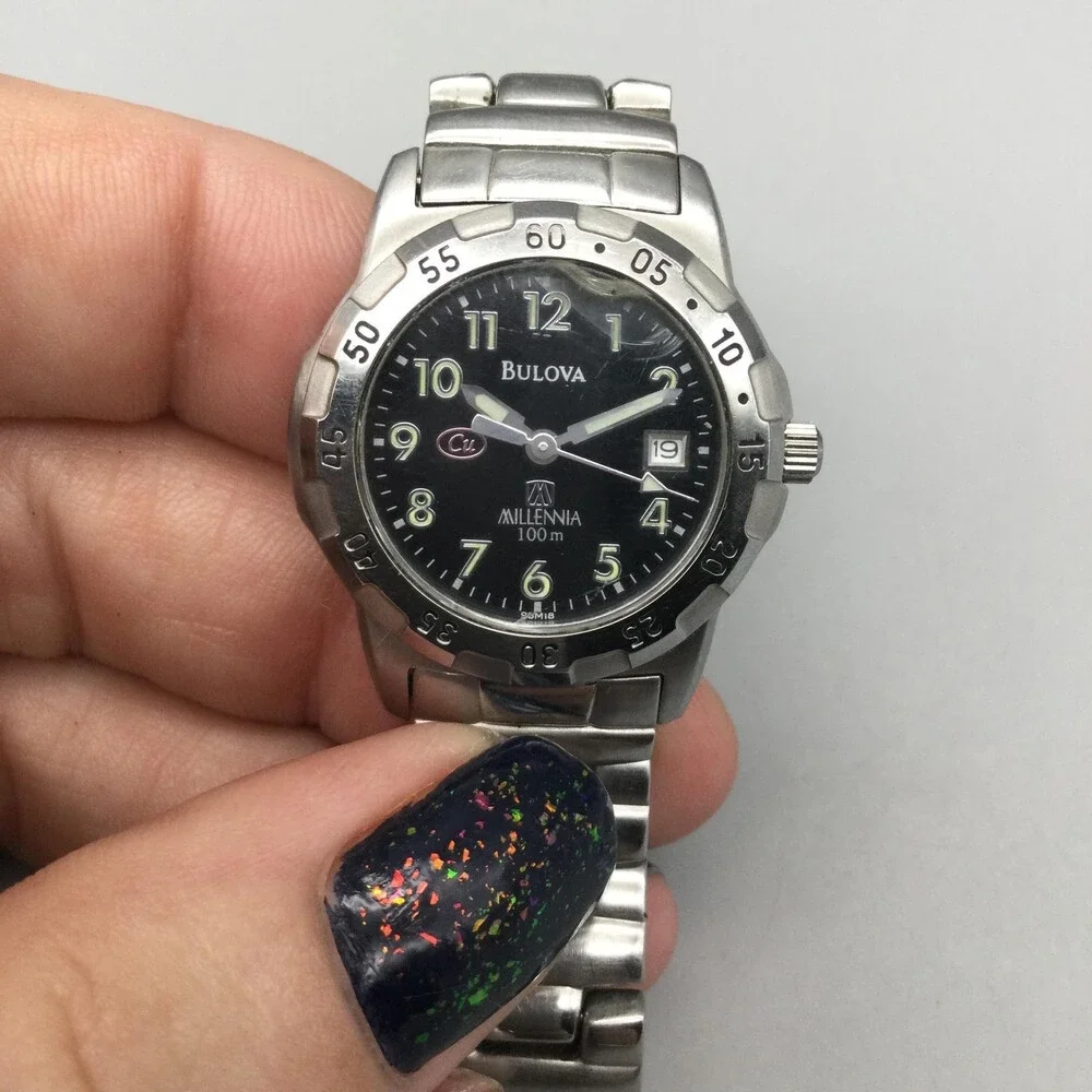 Bulova Millennia 100m Womens Watch 26mm CRACKED CRYSTAL Black New Battery 6